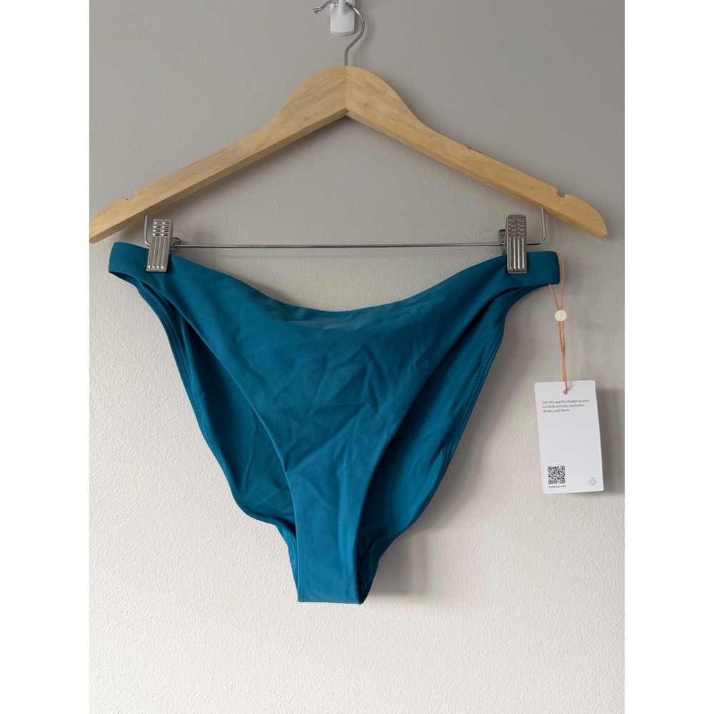 Quince Women Italian High-Leg Bikini Bottom Teal Blue Recycled Swim Size L NWT